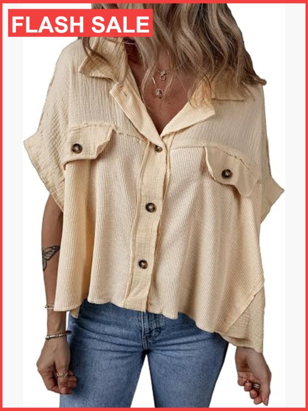Women's Waffle Button Down Cap Sleeve Blouse Top Casual